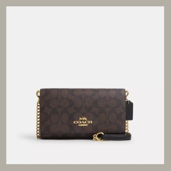 Coach Flap Clutch Crossbody In Signature Canvas Brown & Black