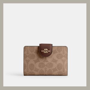 Coach Medium Corner Zip Wallet In Signature Canvas Tan & Brown