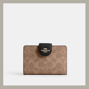 Coach Medium Corner Zip Wallet In Signature Canvas Tan & Black