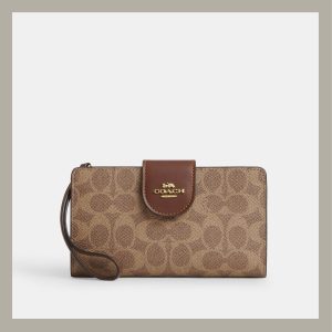 Coach Phone Wallet In Signature Canvas Tan & Brown