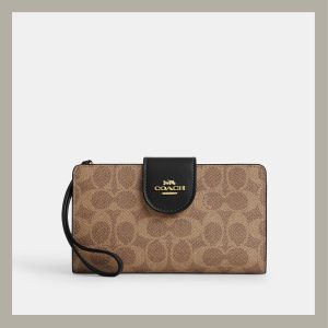 Coach Phone Wallet In Signature Canvas Tan & Black