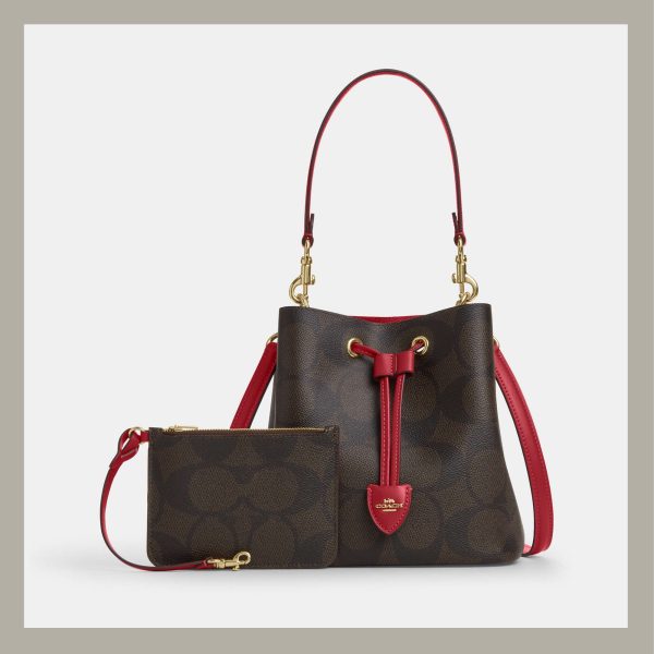 Coach Bucket Bag Rowan In Signature Canvas Brown & Red - Imagen 3