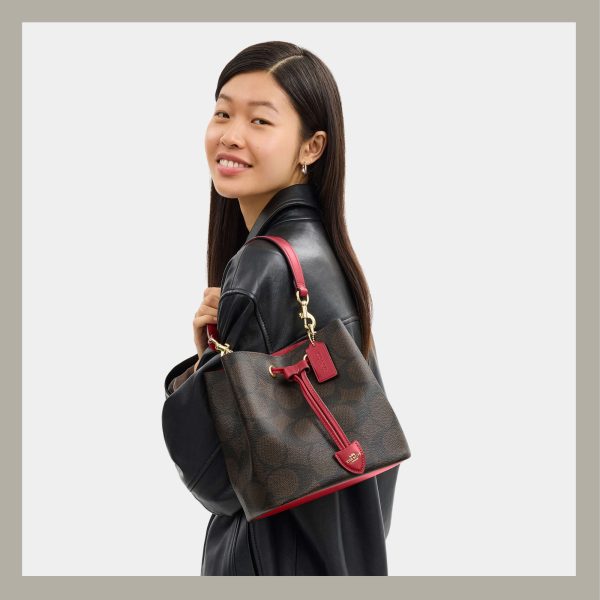 Coach Bucket Bag Rowan In Signature Canvas Brown & Red - Imagen 8