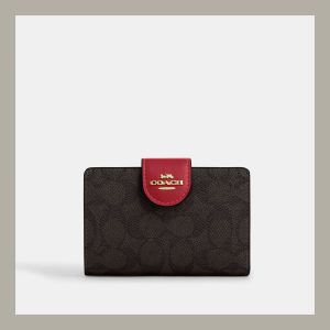 Coach Medium Corner Zip Wallet in Signature Canvas Brown & Red